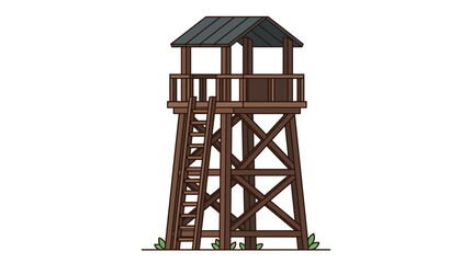 Naklejka premium Flat vector outline illustration of a wooden observation tower with ladder, simple lookout structure made of timber beams