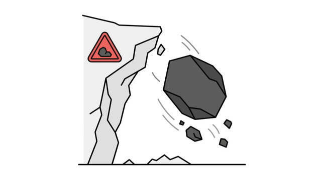 Minimal outline vector of a large falling rock from a cliff, rockfall disaster concept
