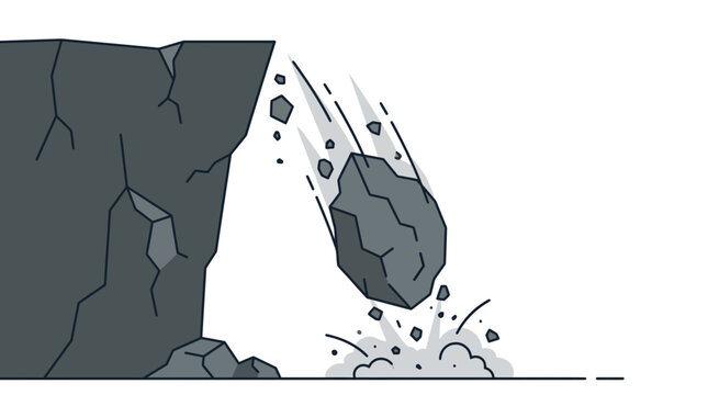 Minimal outline vector of a large falling rock from a cliff, rockfall disaster concept