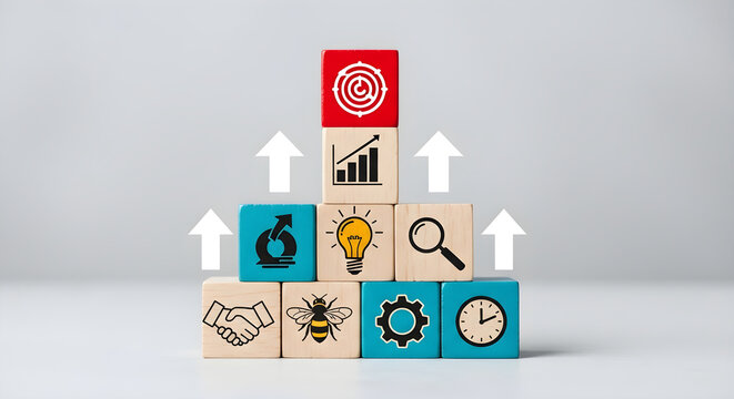 Business strategy and growth concept with wooden blocks and arrows