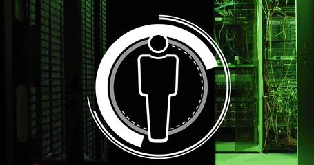 Hovering white HUD graphic showing human silhouette over server room, with open rack and cables