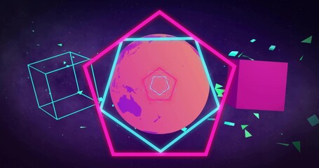 Rotating pink sphere in purple stars inside cyan square and magenta pentagon, lime-shards drifting © vectorfusionart