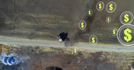 Driving tractor pulling plow along dirt road at rural farm, leaving dust plume, dollar icons