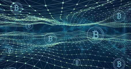 Visualizing central 3D blockchain network mesh glowing on dark blue field, with Bitcoin symbols