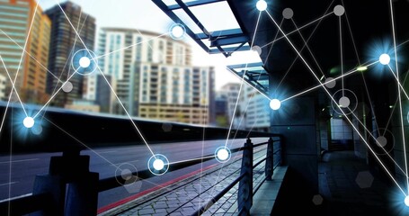 Fototapeta premium Framing covered urban walkway showing metal railing tiled path canopy red curb road glowing nodes