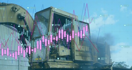 Displaying rusted crusher unit revealing rotating drum on trailer in yard, showing hoses and charts