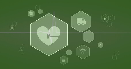Showing large central hex with heart and ECG line on green backdrop, with ambulance, pill icons
