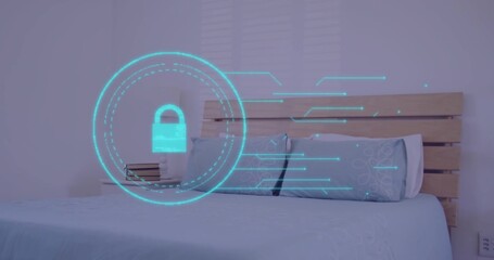 Showing bed with blue bedding, slatted headboard in bedroom, displaying AR padlock above mattress