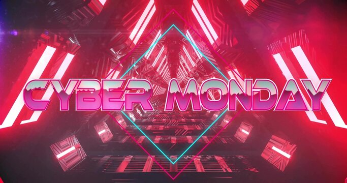 Glowing CYBER MONDAY sign dominating futuristic tunnel, with cyan diamond frame and floating cubes