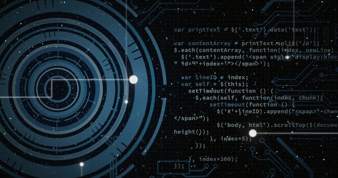 Displaying concentric circular HUD rotating at left on dark grid UI, with code and glowing nodes