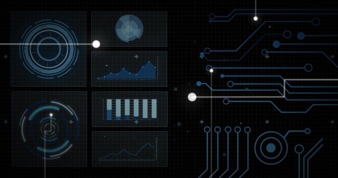 Displaying six translucent panels on left of HUD grid, showing radar, charts, circuits, copy space