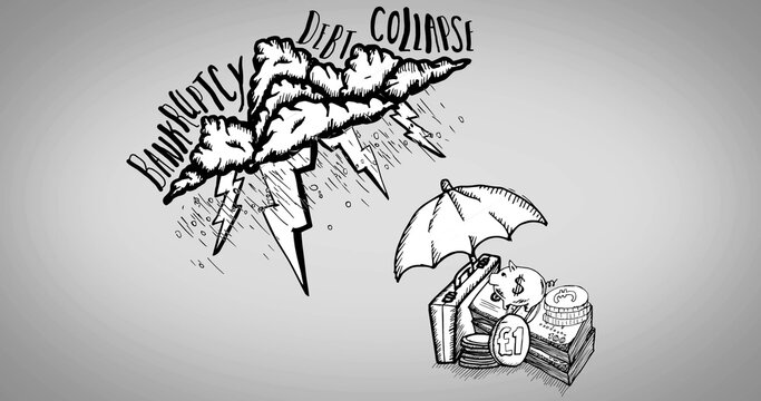 Saving briefcase, funds under umbrella on gray bg, with cloud BANKRUPTCY or DEBT or COLLAPSE, copy s