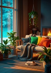Fototapeta premium Cozy eco-friendly interior in winter, featuring warm natural light, sustainable design elements, and a serene snowy view, inviting, house, wood