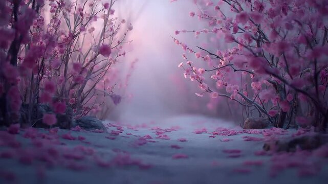 Spring snow ice thaw, end of Winter Season, hope, fresh start. A tranquil scene of cherry blossoms in full bloom against a misty backdrop. The delicate petals of the blossoms are a vibrant pink.