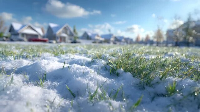 Spring snow ice thaw, end of Winter Season, hope, fresh start. A picturesque winter scene with snowcovered grass in the foreground and a row of houses in the background. The snow is pristine white.