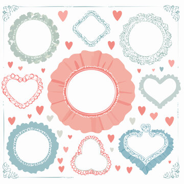 Conjunto de marcos decorativos vintage con volantes y corazones dibujados a mano sobre fondo blanco.