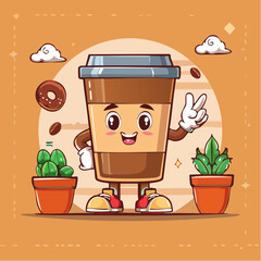 Zabawny kubek kawy na wynos z uśmiechem, otoczony roślinami i doniczkami w stylu kreskówki.