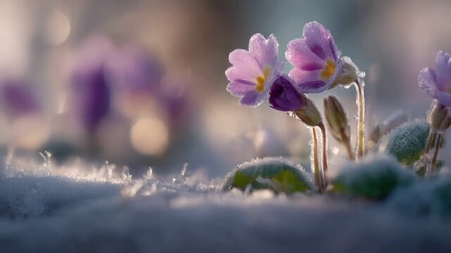 Spring snow ice thaw, end of Winter Season, hope, fresh start. A closeup of frosted purple primrose flowers with water droplets glistening on their petals, set against a blurred background.