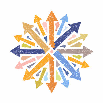 Ilustraci&oacute;n de flechas multicolores apuntando en todas direcciones sobre fondo transparente, concepto de direcci&oacute;n.