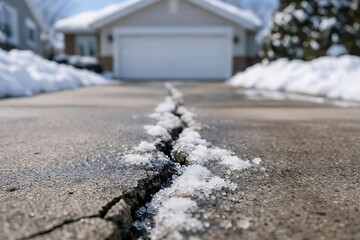 Deep crack in a concrete driveway filled with ice illustrates winter freeze-thaw damage.