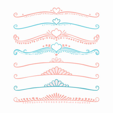Conjunto de divisores ornamentales dibujados a mano, l&iacute;neas decorativas rosas y azules con corazones.
