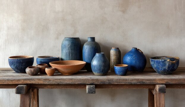 Collection of handmade blue and terracotta ceramic vases and bowls with textured surfaces on rustic wooden shelf