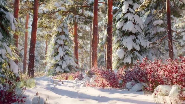Spring snow ice thaw, end of Winter Season, hope, fresh start. A digital painting of a snowy forest with snowcovered trees and red flowers, set against a backdrop of a clear sky. The artwork.