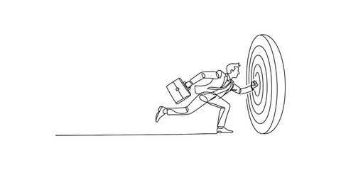 A businessman running towards and hitting the center of a large bullseye target for success Vector, illustration © Badhon_Art Gallery