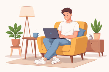 Young man sitting in a cozy yellow armchair at home using a laptop for remote work or online study. Modern living room interior with indoor plants, floor lamp, and coffee. Flat vector illustration.