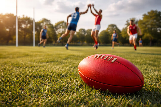 Australian Rules Football on Grass Field with Players Jumping for Mark in Background