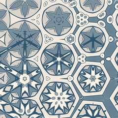 A blue and white pattern of snowflakes. The snowflakes are in various sizes and shapes