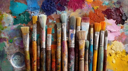 Fototapeta premium Collection of paintbrushes with different sizes featuring wooden handles and bristle tips in various colors and textures, arranged on a colorful paint-smeared surface