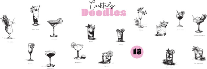 Cocktail doodle set, hand drawn vintage cocktail vector illustrations