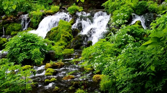 初夏の湧水　北海道京極町の羊蹄山の伏流水の湧き出し公園