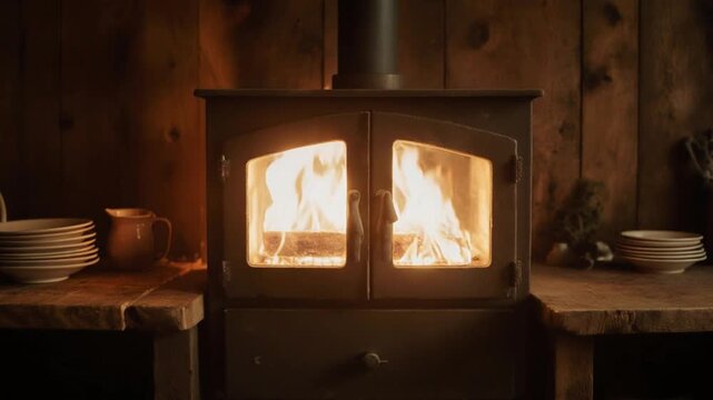Wood burning stove in rustic kitchen.