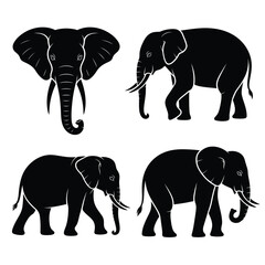 Fototapeta premium Four black silhouettes of elephants in various poses are displayed