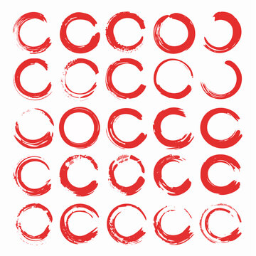Conjunto de 30 c&iacute;rculos rojos dibujados a mano con pinceladas secas, formas abstractas de trazo de pincel