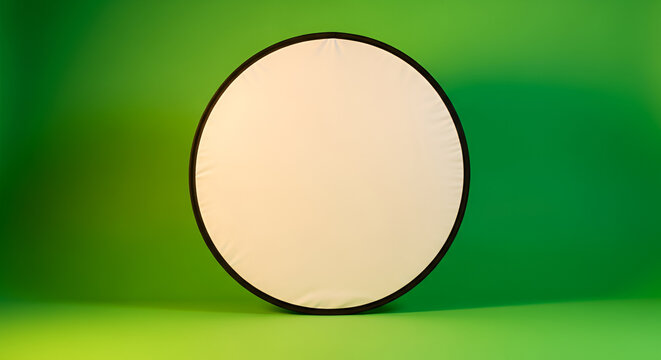 Circular light diffuser panel with white reflective surface set against a vibrant green studio backdrop with a smooth gradient and soft lighting
