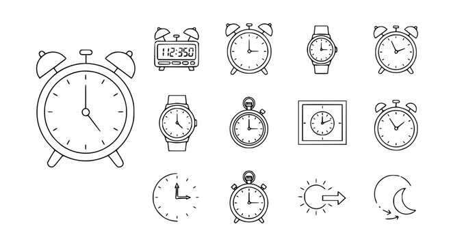 Minimalist Alarm Clock Time Line Icon Set Vector Illustration