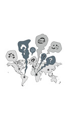 Fototapeta premium Illustration of a world map with various emotive faces and speech bubbles conveying a message to stop war in a simple, monochromatic style