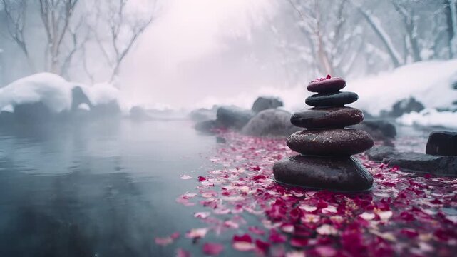 Geothermal hot springs resort, spa, bath pool, winter relaxation vacation theme. A tranquil winter scene with a stack of pebbles balanced on top of a river.