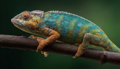 Obraz premium Colorful veiled chameleon with textured, vibrant skin perched on a dark brown branch against a blurred green background