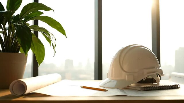A hard hat rests on blueprints next to a potted plant on a desk with a city view.