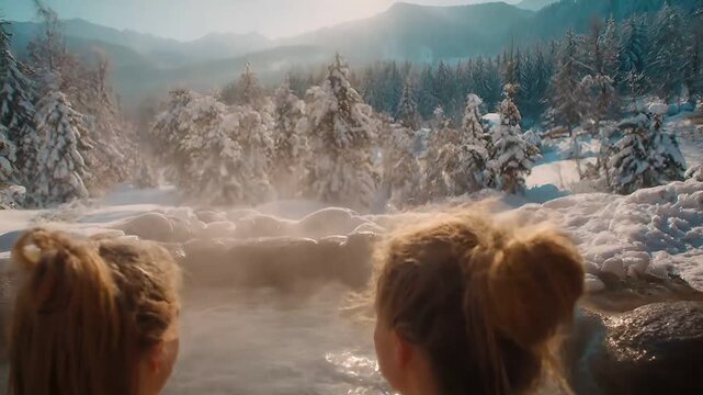 Geothermal hot springs resort, spa, bath pool, winter relaxation vacation theme. Two women in a hot tub surrounded by snowcovered trees and mountains.