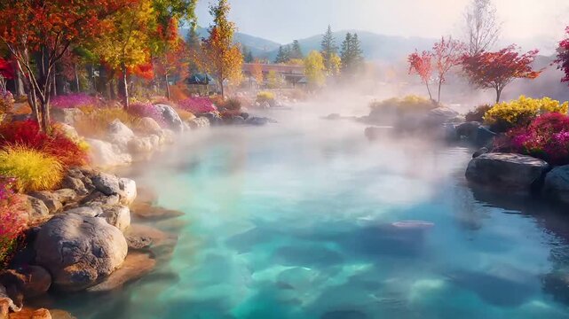 Geothermal hot springs resort, spa, bath pool, winter relaxation vacation theme. A vibrant, highresolution digital artwork of a tranquil pond surrounded by a lush forest of trees and flowers.