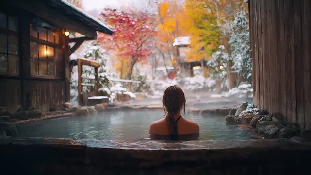 Geothermal hot springs resort, spa, bath pool, winter relaxation vacation theme. A woman in a hot spring, surrounded by snowcovered trees and a wooden house with a window illuminated by a warm light.