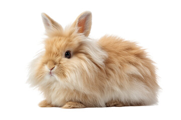 Obraz premium A fluffy orange rabbit is laying on its side on a white background. The rabbit's fur is long and fluffy, giving it a cute and cuddly appearance, png
