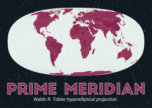 Prime Meridian. World map. Waldo R. Tobler hyperelliptical projection centered to Prime Meridian. Pale Mint Dark Pink palette. Vintage texture. Captivating vector illustration.