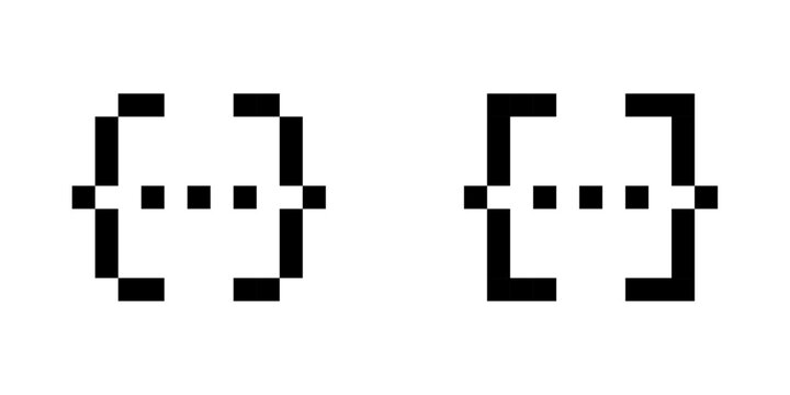 Pixel braces icons set, 8-bit code bracket symbols, retro blocky programming syntax icons