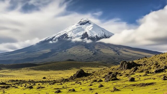 A snowcapped mountain rises above a grassy plain
